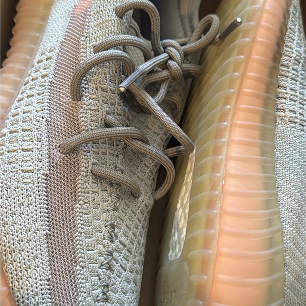 Tan and Cream Sneakers with Knit Upper and Ribbed Midsole